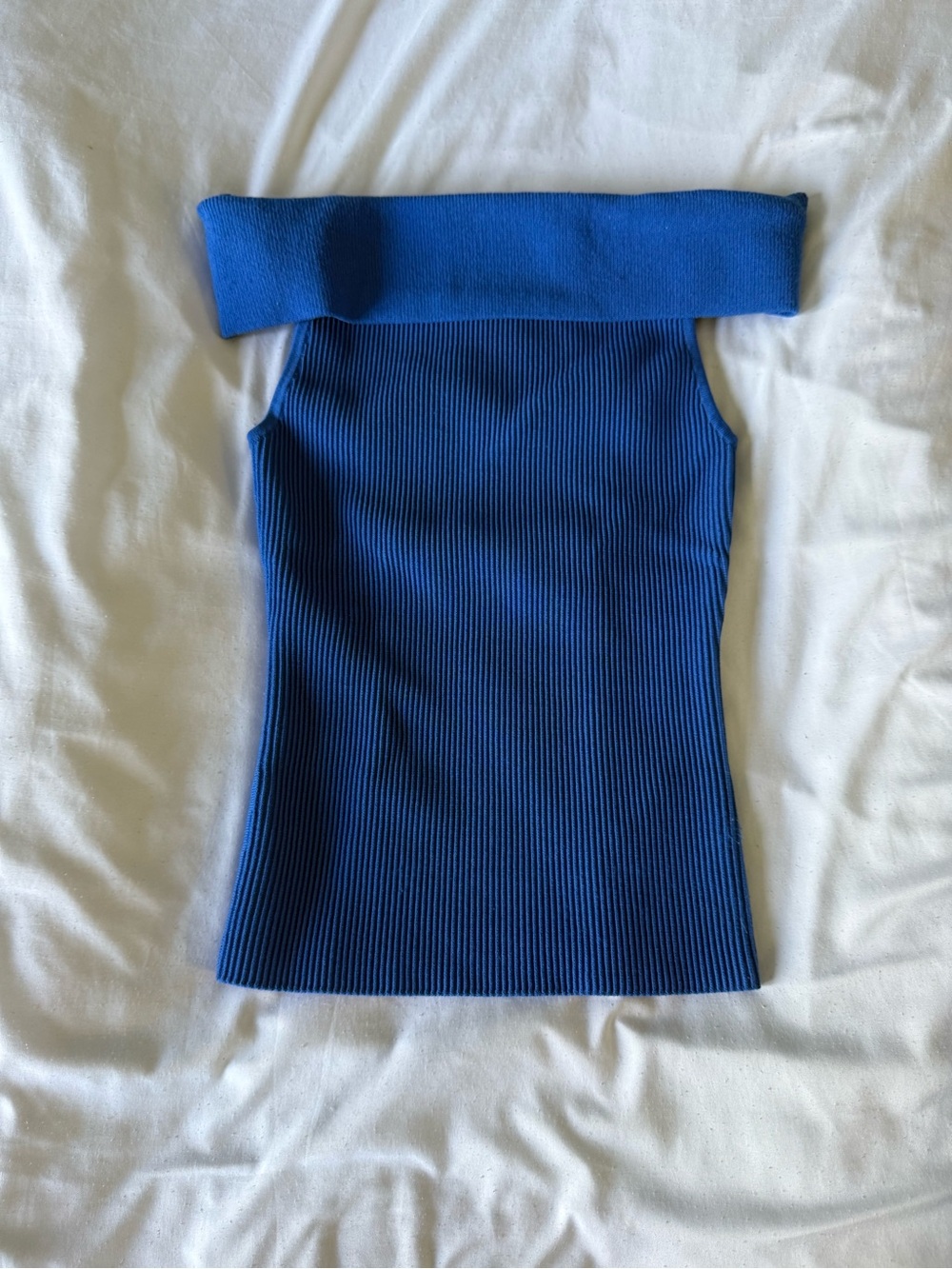 Babaton Off-the-Shoulder Ribbed Royal Blue Sweater